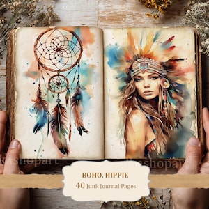 Puede incluir: Libro abierto con ilustraciones en acuarela. Una página presenta un atrapasueños con plumas, la otra una mujer con un tocado de plumas. El texto dice "BOHO, HIPPIE 40 Junk Journal Pages."