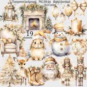 Clipart de Natal Dourado PNG – 19 Elementos de Aquarela: Papai Noel, Quebra-Nozes, Enfeites de Árvore, Vela, Coelho de Inverno, Gráficos de Sublimação