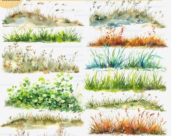 21 PNG nature clipart, watercolor wild grass, meadow herb border, plot of spring, autumn, summer lawn grass, botanical natural landscape