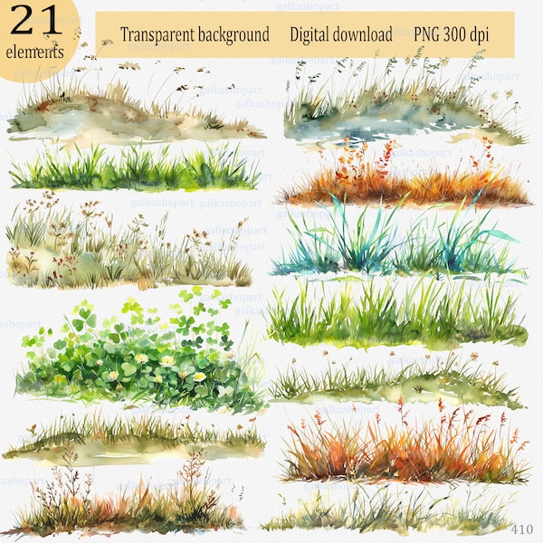21 PNG nature clipart, watercolor wild grass, meadow herb border, plot of spring, autumn, summer lawn grass, botanical natural landscape