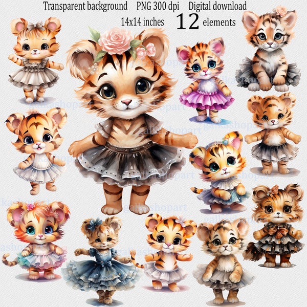 Set of 12 watercolor baby tiger ballerinas Clipart: Cute Animal girl in ballet tutu, Nursery decor, Transparent PNG, Sublimation Graphics