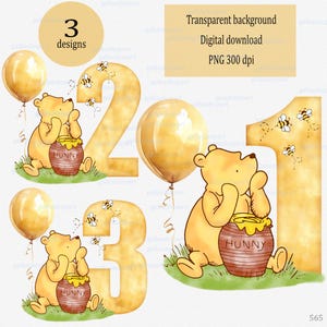 Diseño PNG clásico de Winnie the Pooh para sublimación; Decoración para el primer cumpleaños de tu bebé; Oso de acuarela con número, miel y globo dorado.