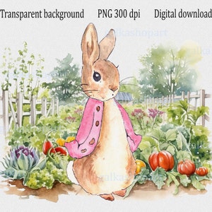 Peter Rabbit im Gemüsegarten: Pink Flopsie Bunny Clipart PNG, Aquarell, Sublimationsdruck für Baby Geburtstag & Baby Shower