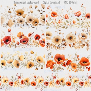Clipart PNG de fleurs sauvages d'automne : 7 bordures florales sans couture, guirlandes d'automne aquarelles pour sublimation, cartes de voeux, art mural et invitations