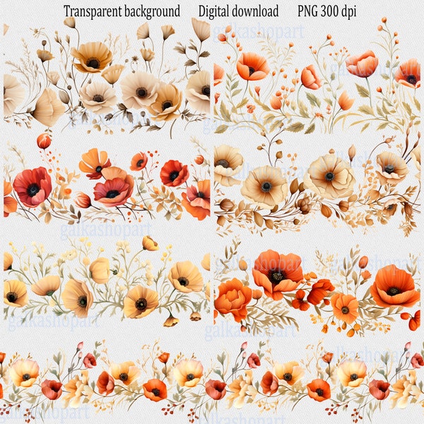 7 Autumn Floral seamless border cliparts PNG: Watercolor flower frame, Wildflowers garland, Sublimation design for printing