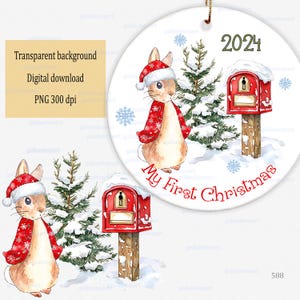 Aquarelle de Noël Pierre lapin en hiver scène enneigée PNG clipart : Flopsy Bunny près de la boîte aux lettres, Baby First Xmas design