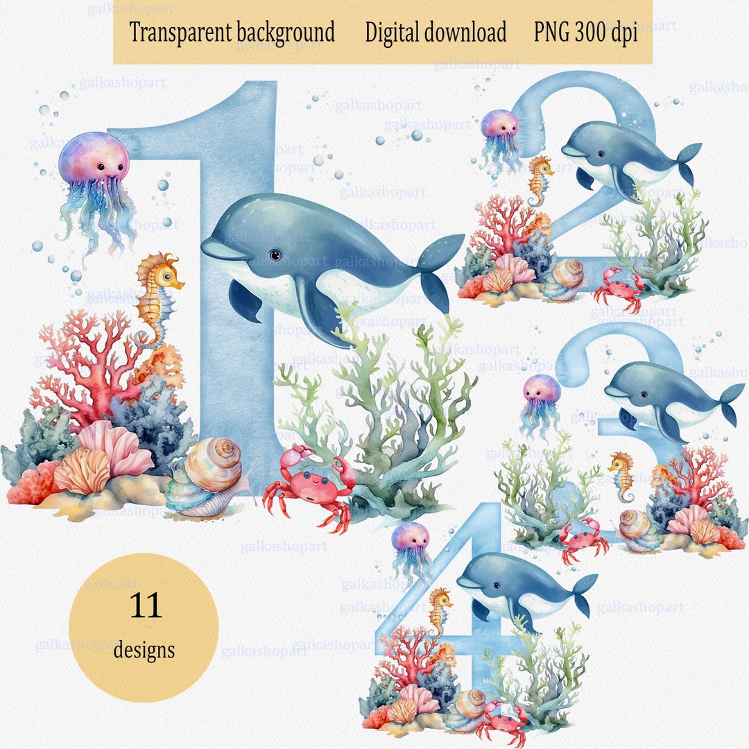 Numbers With Background Fish Ocean Numbers Clipart Set: Watercolor Sea Animal Number PNG, Dolphin ...