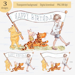 Classic Winnie the Pooh Sublimation Design, Baby Shower&Birthday party decor, Watercolor Clipart PNG bear and friend gender neutral wall art