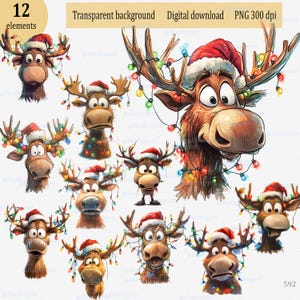 Alce con luces navideñas enredadas Clipart PNG: Diseño de feliz Navidad, Gráfico de invierno de acuarela, Animal peculiar, divertido, cómico y caprichoso