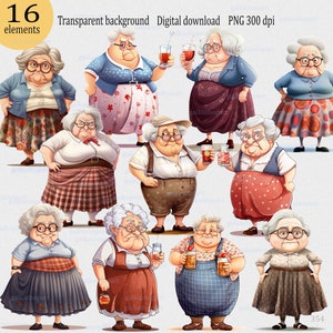 Set of 16 Humorous caricature of a funny fat grandma - farmer with a drink in her hand, cartoon sad old ladies, Clipart PNG for sublimation