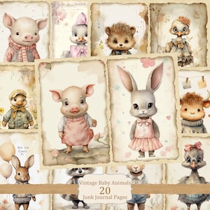 Petits animaux mignons, journal indésirable vintage, kit de 40 pages imprimables, journalisation ancienne, illustration fantaisiste, bébé animal des bois et de la ferme