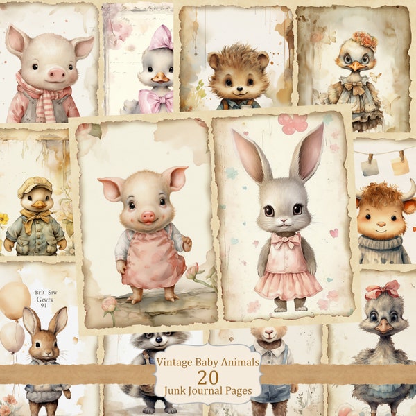 Cute Little Animals, Vintage Junk Journal, Kit of 40 Printable Pages, Antique Journaling, Whimsy illustration, Woodland and farm baby animal