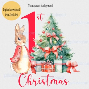 My 1st Christmas with Red Peter Rabbit Sublimation Design PNG:  Watercolor Xmas Tree image, Flopsy Bunny Clipart