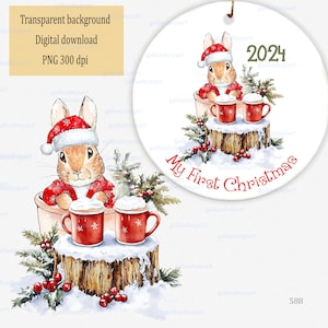 Aquarelle de Peter Rabbit de Noël avec une tasse de chocolat chaud PNG clipart : Flopsy Bunny dans une scène enneigée, Design par sublimation, Premier Noël de bébé, Tasses rouges