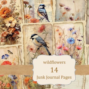 Páginas de diário de flores silvestres em aquarela, kit de ilustração floral, pássaro e grama, papel para impressão vintage, folha de colagem digital, botânico