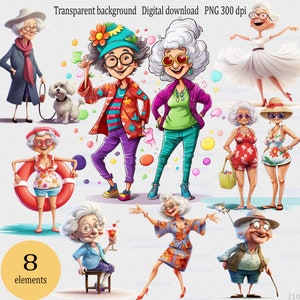 Divertidas ancianas Clipart PNG, Mujer pescadora, Linda abuela borracha de dibujos animados, Abuela alegre amante de los perros, anciana de la playa, Abuela bailarina