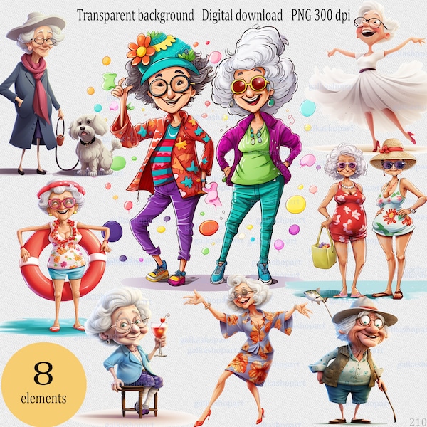 Funny Old Ladies Clipart PNG, Woman fisherman, Cute cartoon drunk grandmother, Cheerful Granny dog lover, beach old lady, Grandma ballerina