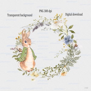 May include: Watercolor illustration of a bunny wearing a green jacket, standing inside a floral wreath. The wreath features white, yellow, and blue flowers, with green foliage. Text on the image reads "Transparent background" and "Digital download".
