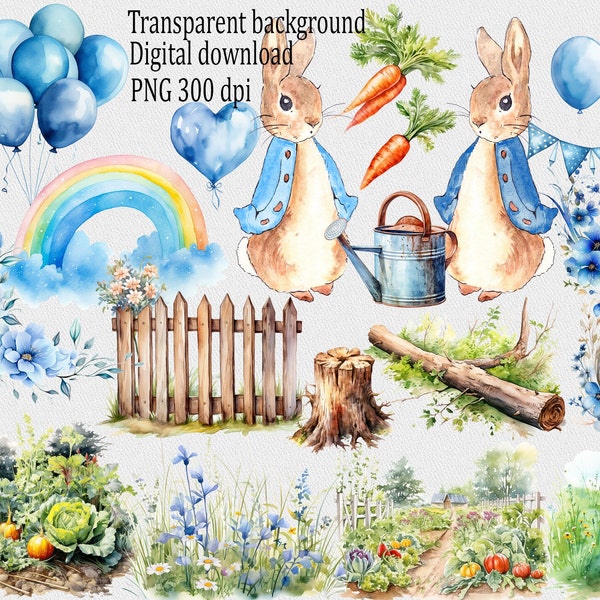 Bundle de clipart Peter Rabbit : Aquarelle Flopsy Bunny et autres éléments pour le décor de fête d'anniversaire, conception de sublimation, impression de douche de bébé