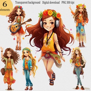 Clipart mignon fille hippie heureuse 6 PNG : cadeau pour les personnes romantiques, art mural imprimable enfant bohème, style bohème, illustration impression paix et amour