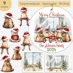 Clipart familial personnalisé PNG pour décoration de Noël, carte, tasse, chemise, affiche : ours en peluche - enfants maman papa en bonnets de père Noël, ajoutez votre nom