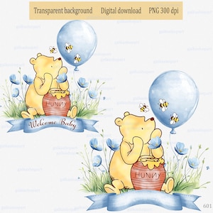 Diseño PNG de sublimación clásico de Winnie the Pooh, oso en el césped con miel y globo azul, clipart para baby shower o cumpleañero de cualquier edad