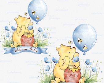 Classic Winnie the Pooh sublimation PNG design, Bear on lawn with honey & blue balloon, clipart for baby shower or birthday boy any age