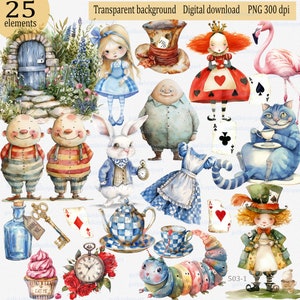 Clipart PNG d'Alice au pays des merveilles : illustrations à l'aquarelle du chapelier fou, du lapin blanc, du goûter, de la reine rouge, de la chenille et d'autres éléments