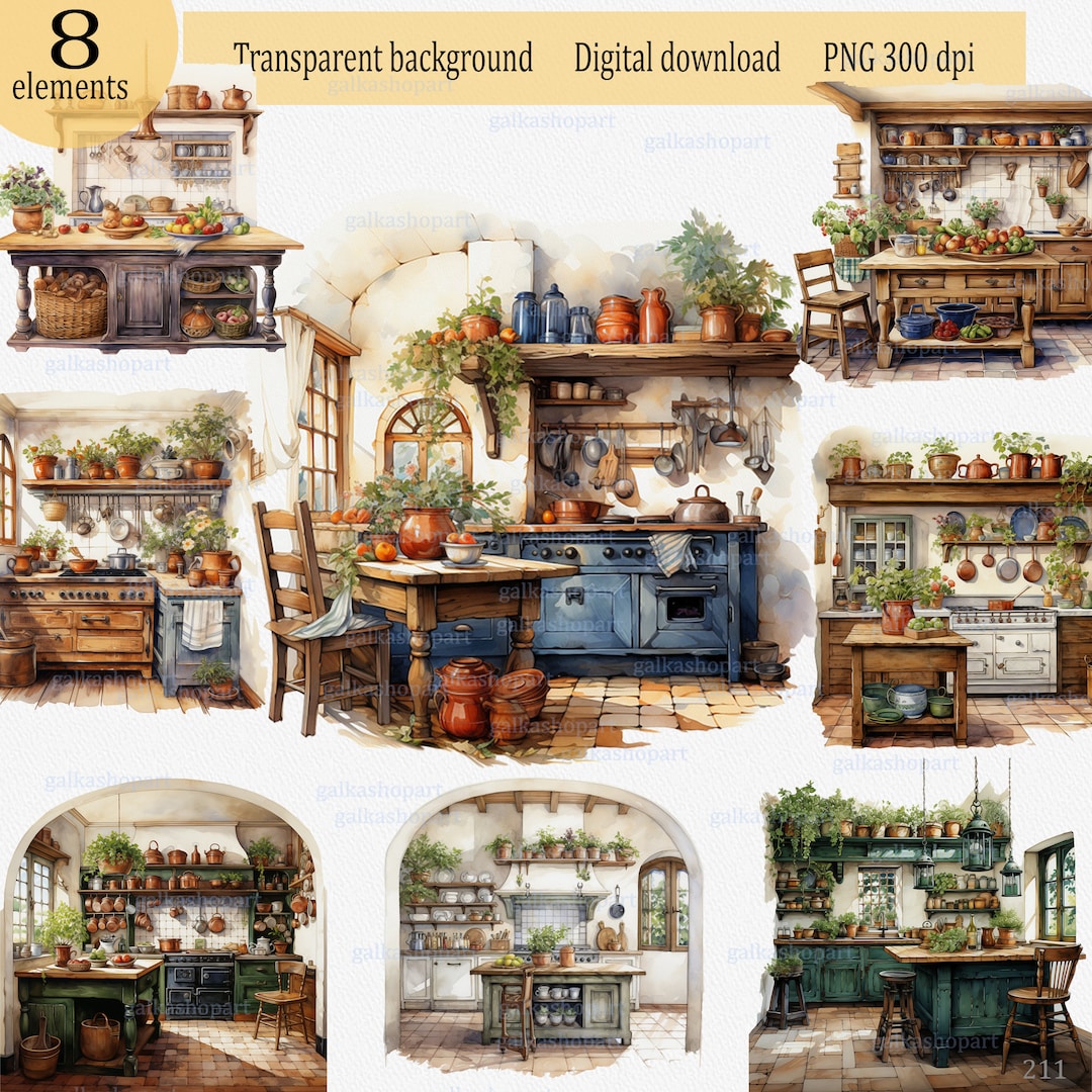 Country Kitchen Clipart, Rustic Vintage Cottage, Printable Graphics