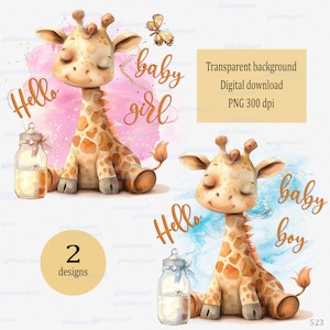Giraffa con biberon: Immagini PNG acquerellate per sublimazione, Nuovo baby shower per bambina, Ciao baby boy clipart su sfondo trasparente