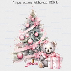Nounours de Noël et sublimation d'arbre PNG : 1er Noël de bébé, impression de transfert de sac de père Noël, clipart rose aquarelle sur transparent