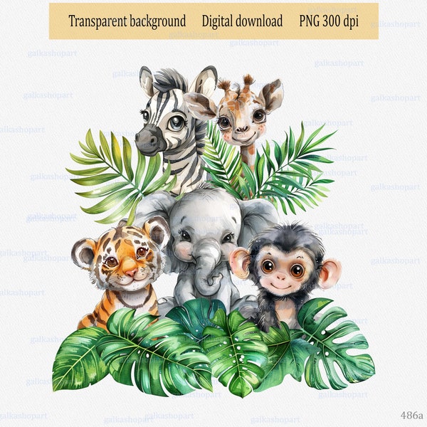 Safari Animals png clipart: Watercolor Jungle nursery art, Tropical baby shower decor, Wild One Sublimation Design, Kids Zoo Birthday Decor