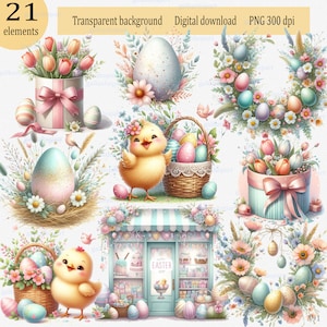水彩イースター クリップアート PNG: 花の卵のバスケット、かわいいひよこ、チューリップの箱、春の花束、キャンディー ストアのウィンドウ、保育園のイラスト
