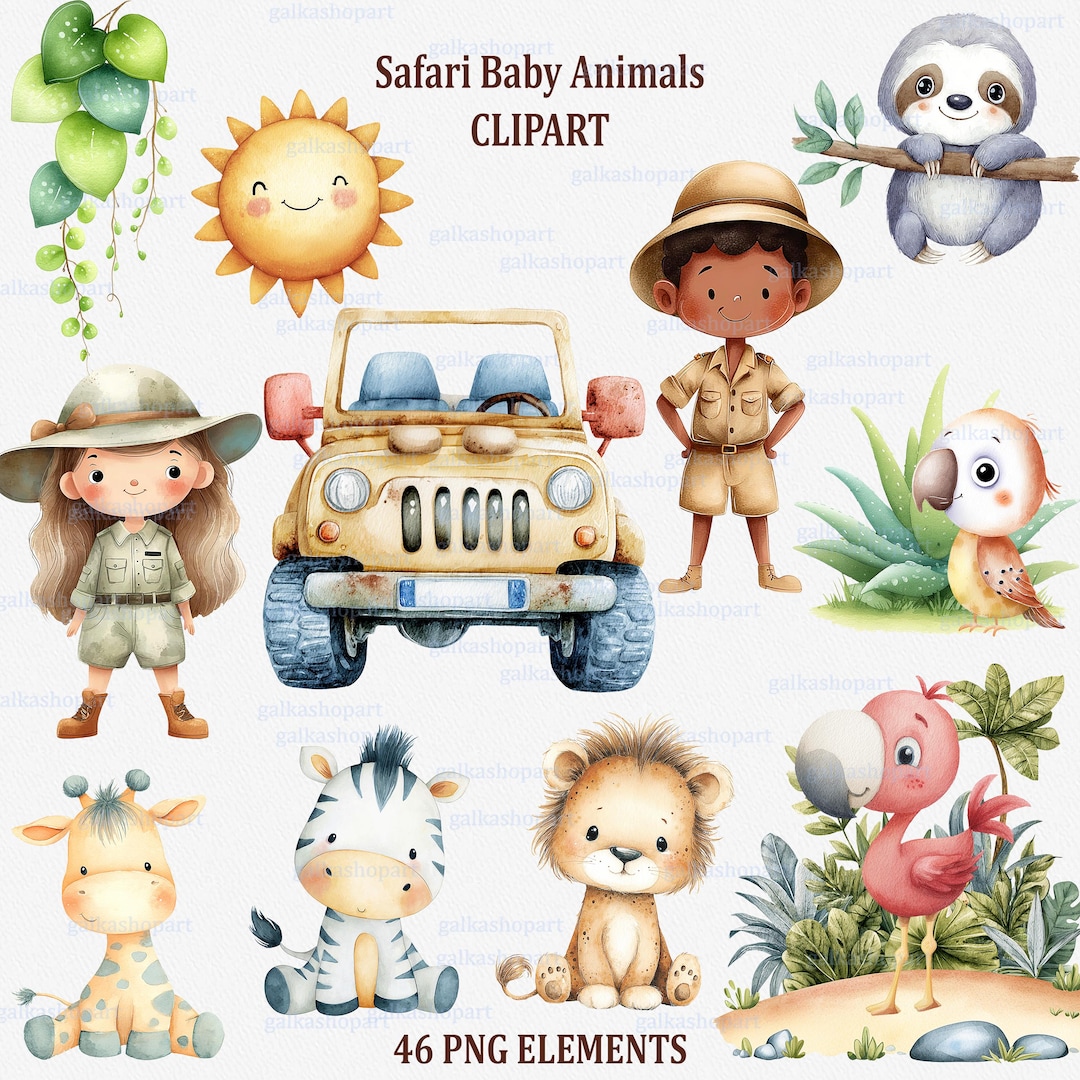 Safari Baby Animals Clipart: Watercolor Jungle Animals PNG Bundle, Lion ...