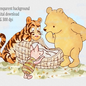 K&ouml;nnte beinhalten: Eine Aquarell-Illustration von Winnie Puuh, Tigger und Ferkel. Winnie Puuh steht und schaut auf einen Korb. Tigger sitzt auf dem Korb. Ferkel schaut in den Korb. Der Hintergrund ist ein hellblauer Aquarell-Wasch.