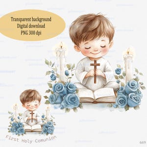 Primera Comunión PNG, Diseño Floral Azul de Sublimación, Niño Rezando, Clipart Cristiano de Acuarela, Biblia, Creación de Tarjetas de Invitación