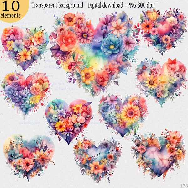 Watercolor Floral Heart Clipart; Transparent PNG, Rainbow flower Sublimation design, Valentines Day, Love Printable, Wedding Shower