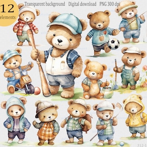 Aquarelle adorable ours en peluche clipart : sublimation PNG, football, golfeur, joueur de baseball, jardinier, pêcheur d'ours citrouille, lot de 12