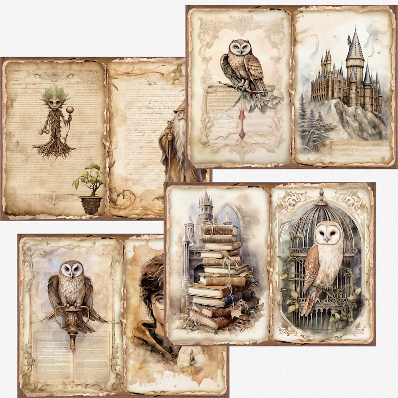 May include: A set of vintage-style scrapbook pages featuring illustrations of owls, a castle, and a magical creature. The pages are decorated with intricate borders and have a distressed, aged look.