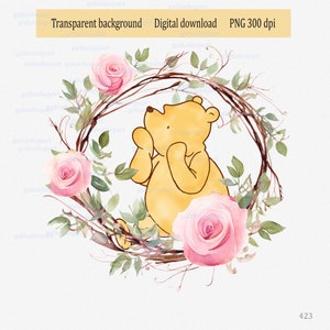 Winnie l'ourson classique en couronne avec des roses roses pastel clipart PNG : design par sublimation pour carte, vêtements de bébé, chapeau, tasse, design par transfert