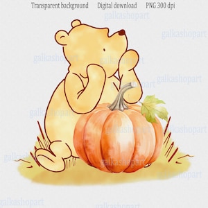 Classico disegno a sublimazione di Winnie the Pooh in formato PNG con sfondo trasparente, clipart di zucca, design acquerello per baby shower autunnale, decorazioni per compleanno