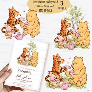 Classic Winnie the Pooh, Piglet & Tigger Tea Party PNG: Watercolor Clipart for Girl Nursery, Birthday Decor, Bear and Friends Sublimation