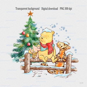 Diseño de sublimación clásico de Winnie the Pooh y sus amigos en escena navideña PNG: Clipart navideño de invierno de acuarela con oso, cerdo, tigre; invierno