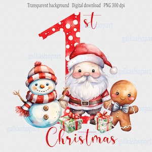 1er Noël père Noël & bonhomme de neige PNG de bébé, premier Noël, sublimation rouge de vacances, joli père Noël, bonhomme en pain d'épice aquarelle, bg transparent