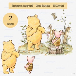 Classico Winnie the Pooh e Pimpi nel tema del giardino estivo Clipart PNG: disegno ad acquerello con orso e Pimpi per sublimazione e stampa