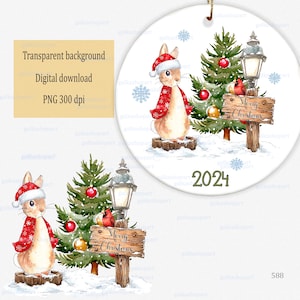 Aquarell Weihnachten Peter Rabbit mit Weihnachtsbaum, Straßenlaterne und Holzschild PNG Clipart: Hase in verschneiter Winterszene, Baby first Xmas