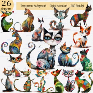 May include: A collection of 26 whimsical cat illustrations in various poses and colors. The cats feature unique patterns and designs, with text at the top indicating a transparent background and digital download. The image is labeled as PNG 300 dpi.