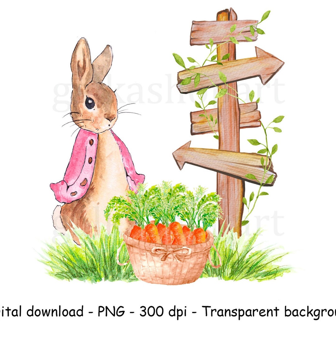 Flopsy Rabbit Printable Flopsy Bunny in Garden Digital Clipart, Carrot Picking, Greeting Card ...