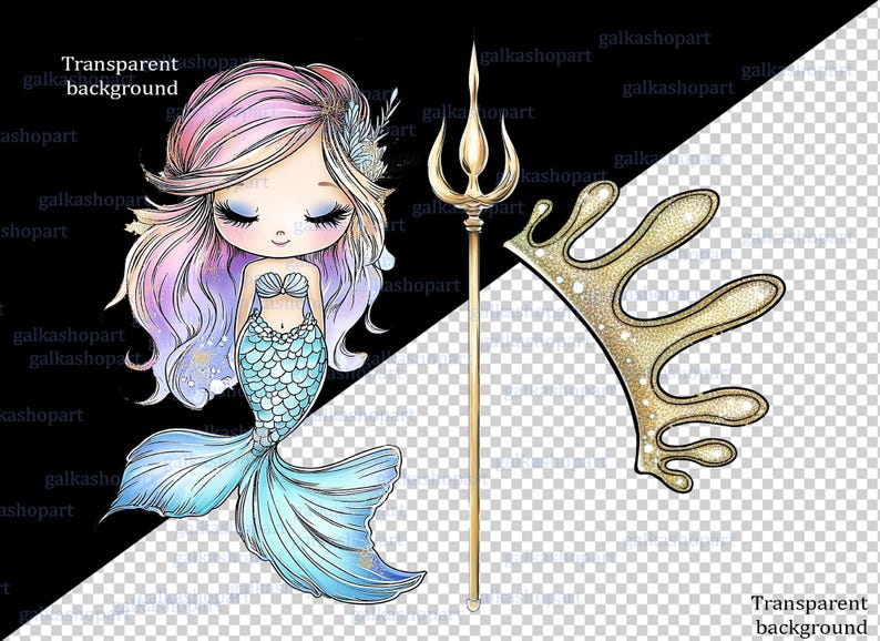 Mermaid Clipart PNG Bundle, Watercolor Ocean Princess Characters ...