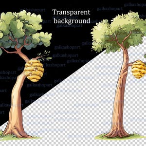 Sommarhögt träd med bikupa, akvarell clipart PNG, Puh-saga, lövträd i skogen för sublimering och tryck av festrekvisita bild 2
